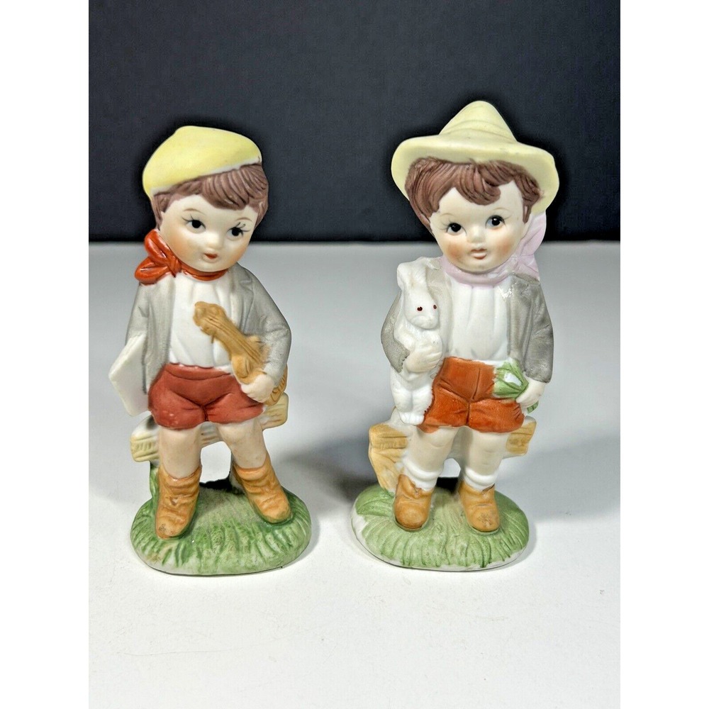Set Of 2 Vintage 1970s Figurines Boy WithViolin Boy With Bunny